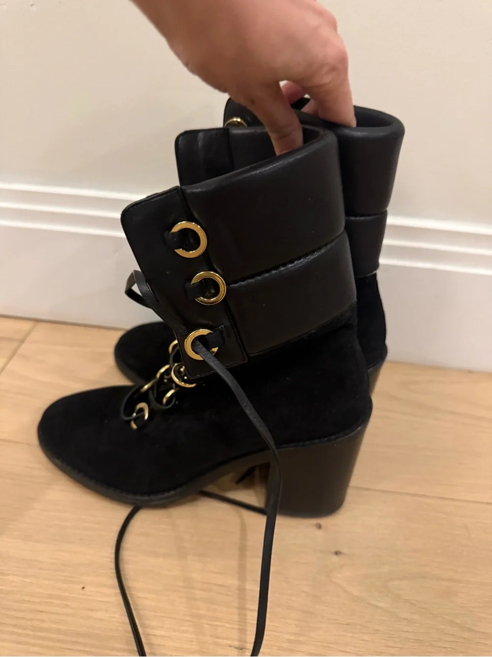 Stuart Weitzman Black Suede Lace-Up Ankle Boots with Gold Hardware